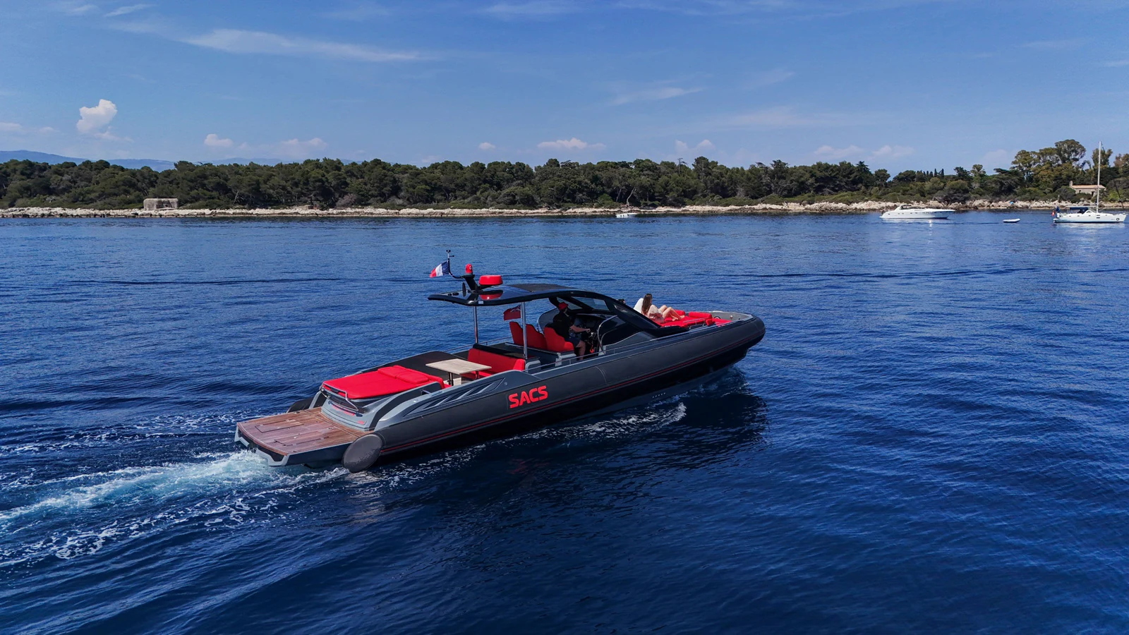 Queen of Hearts, a 14.1 metre SACS Rebel 47, on the French Riviera.