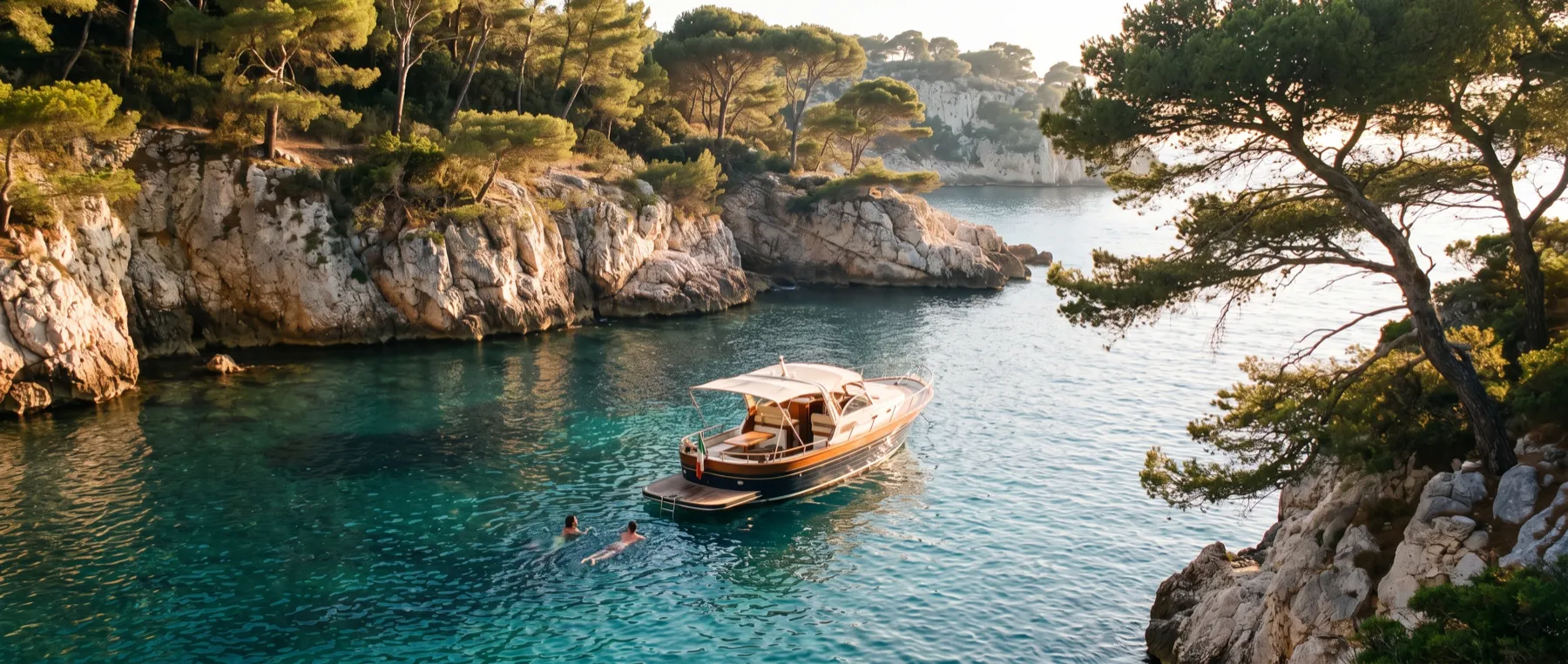 A day boat at anchor in a quiet turquoise cove, two guests swimming off the stern.