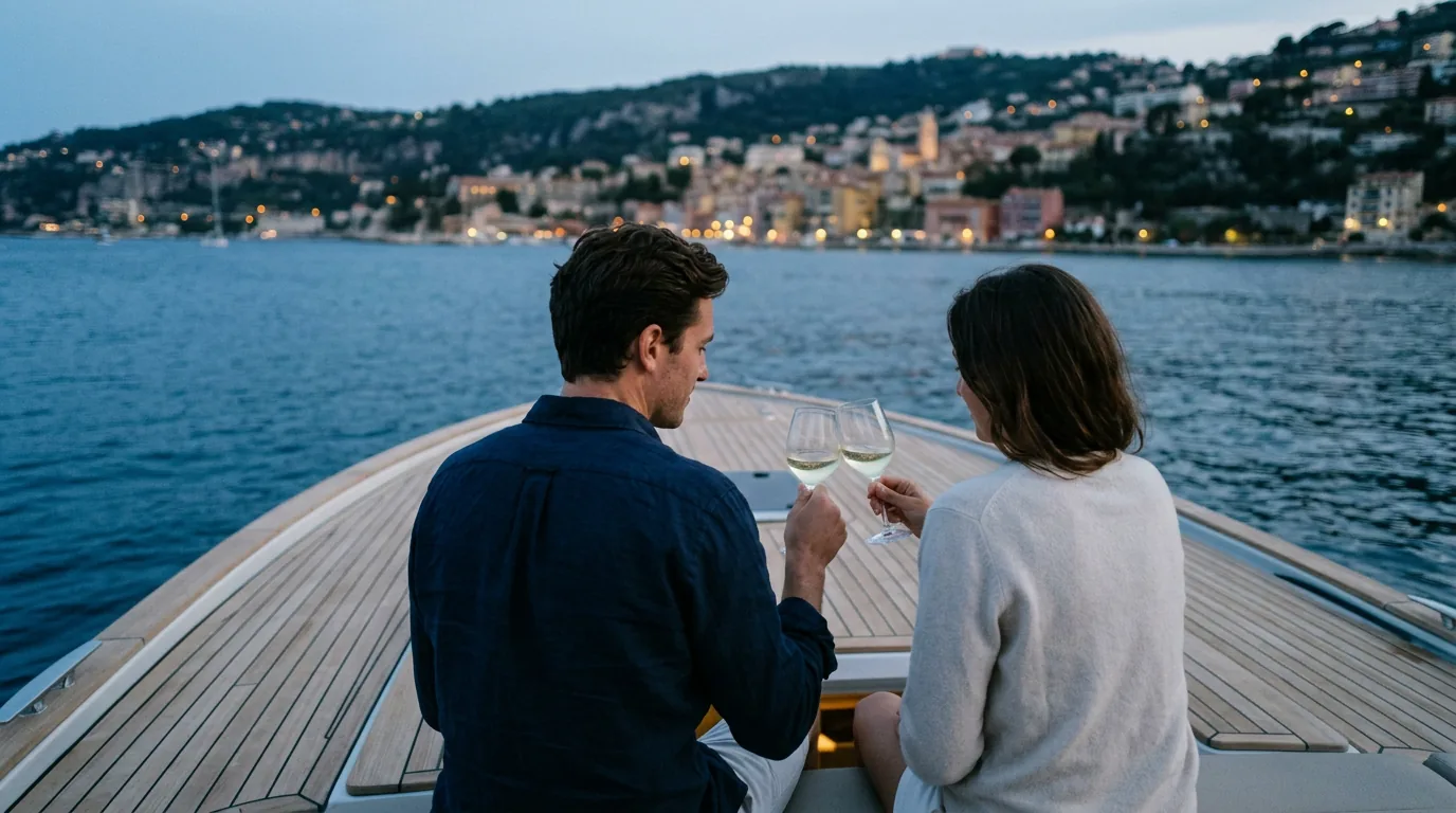 A quiet toast on the aft deck of a boat at dusk.