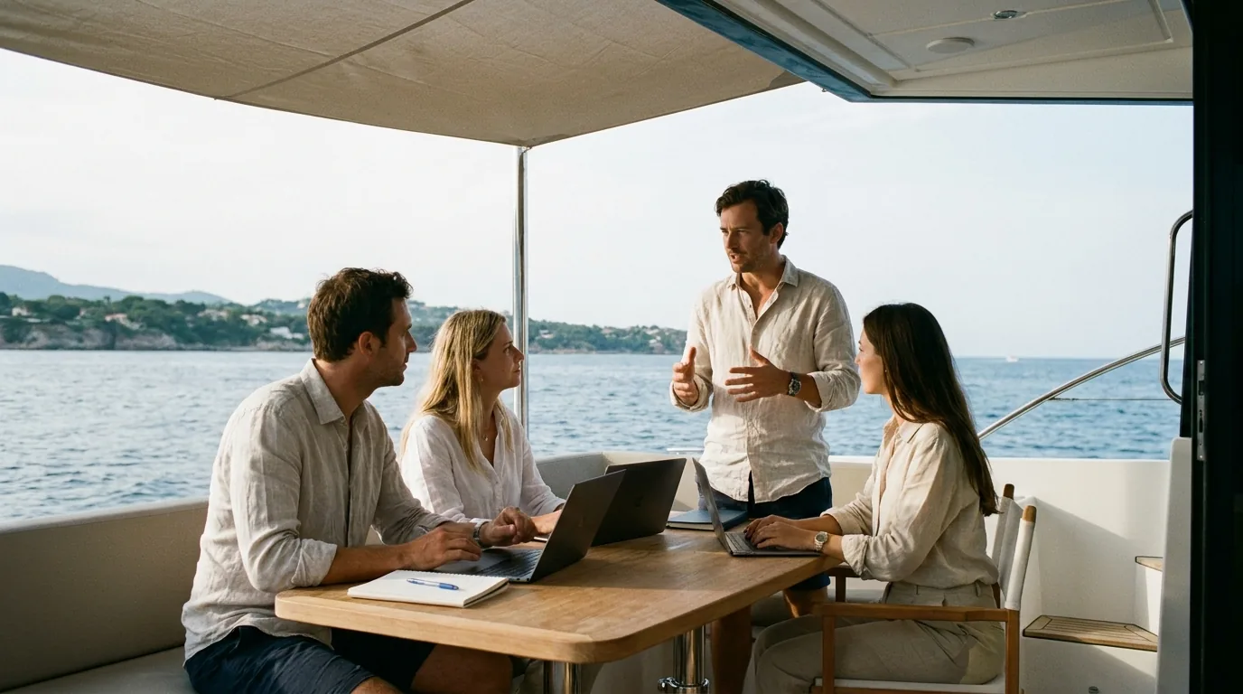 A small group on the aft deck of a boat on a working afternoon.