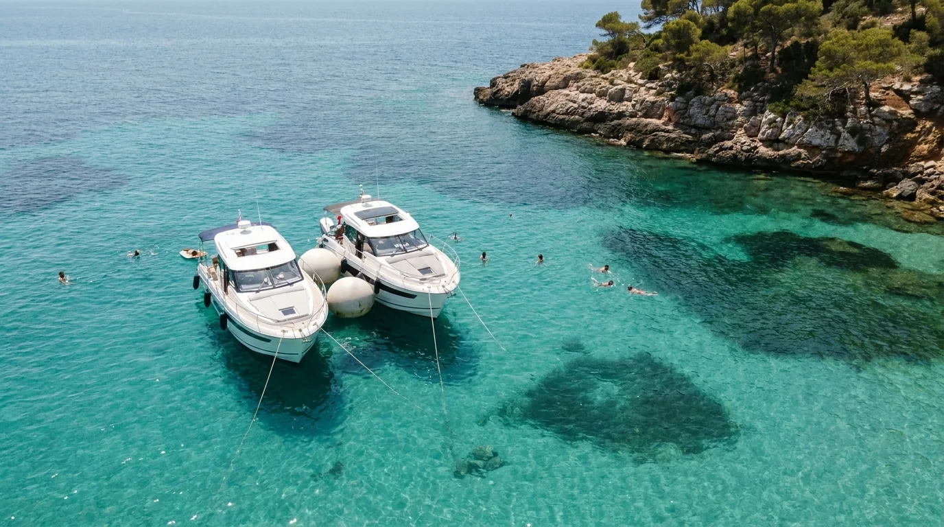 Two day boats rafted together at anchor in a clear cove.