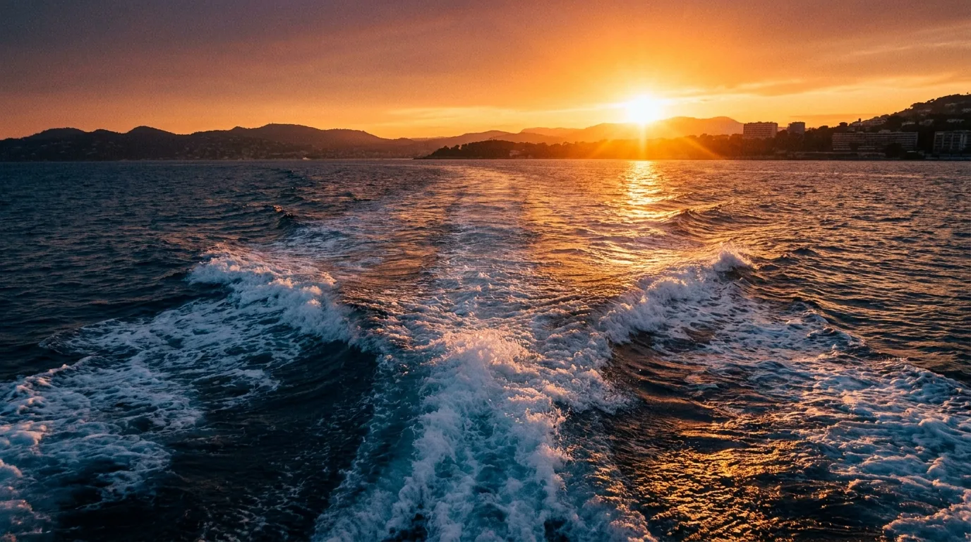 The wake of a boat running home along the coast at sunset.