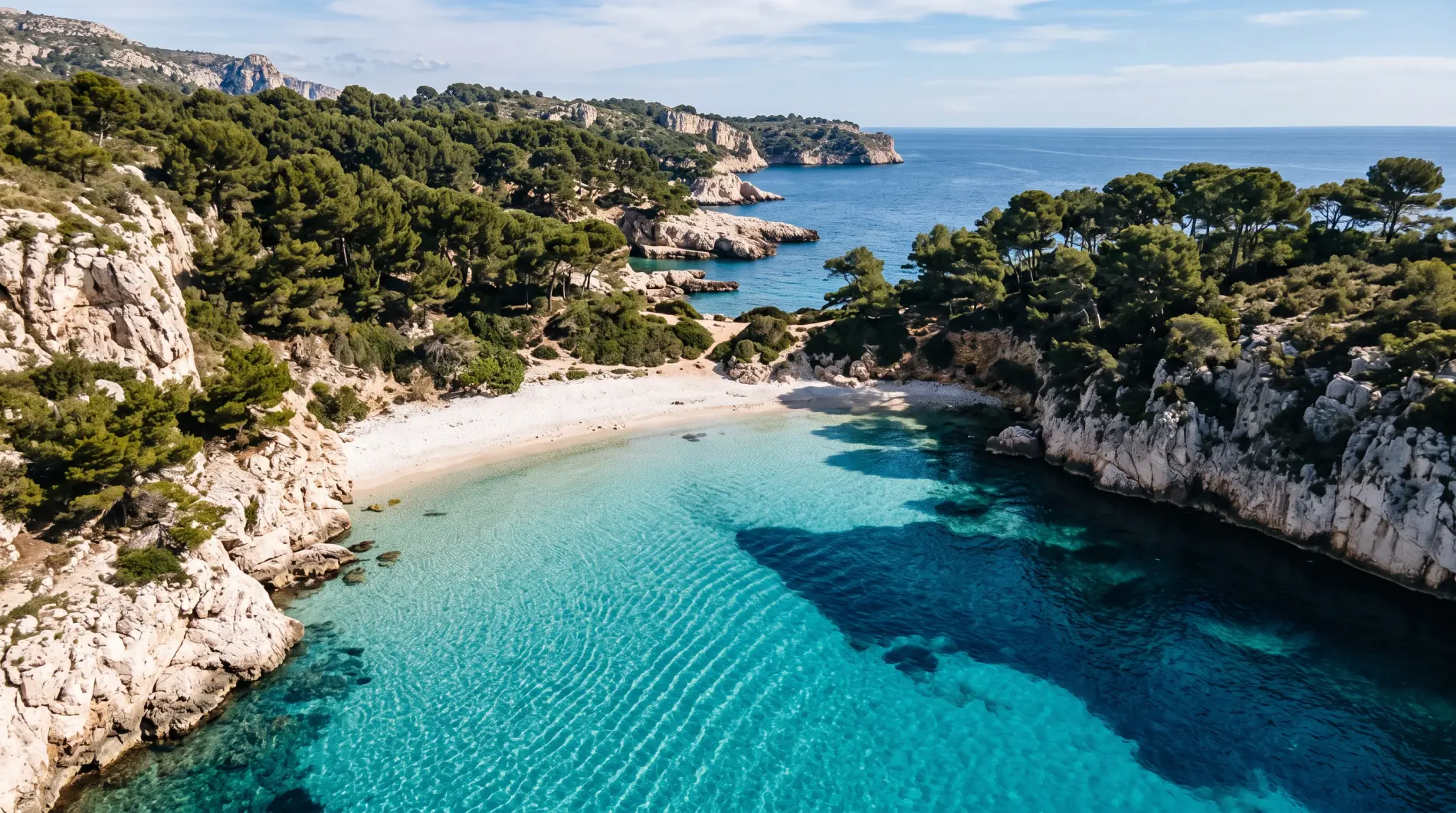An empty turquoise cove on the Riviera at midday.