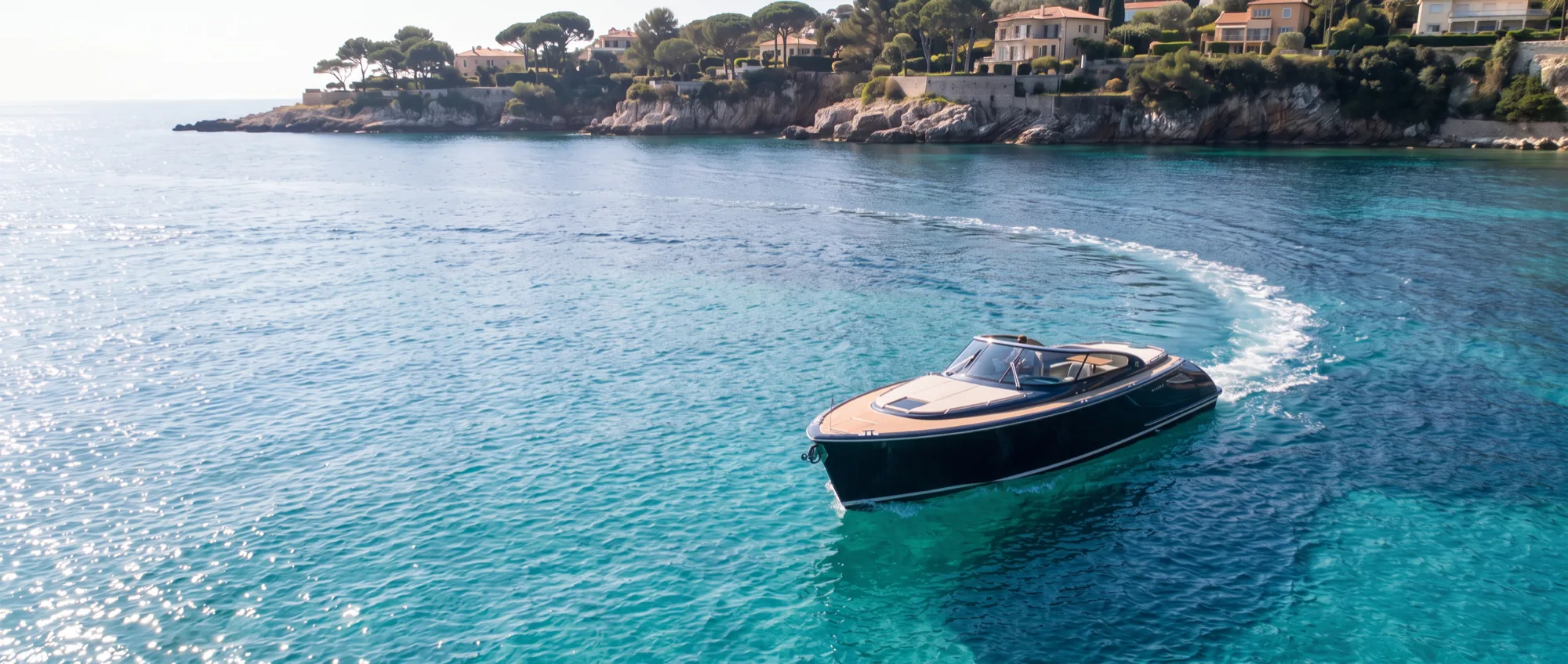A day yacht carving a turn across clear turquoise water below a villa-lined headland.