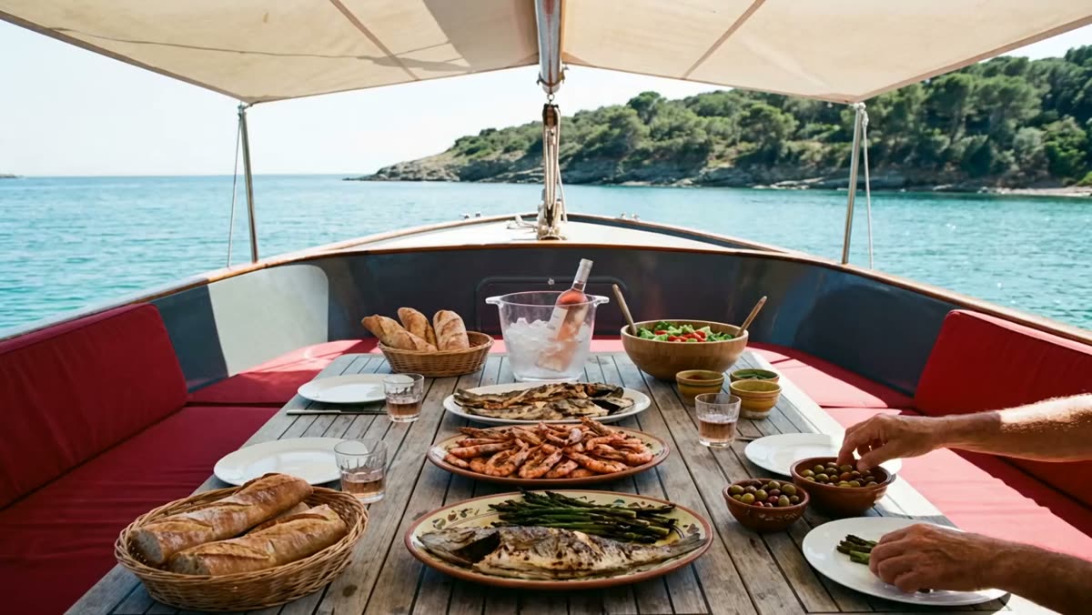 A long lunch laid on the aft deck at anchor.