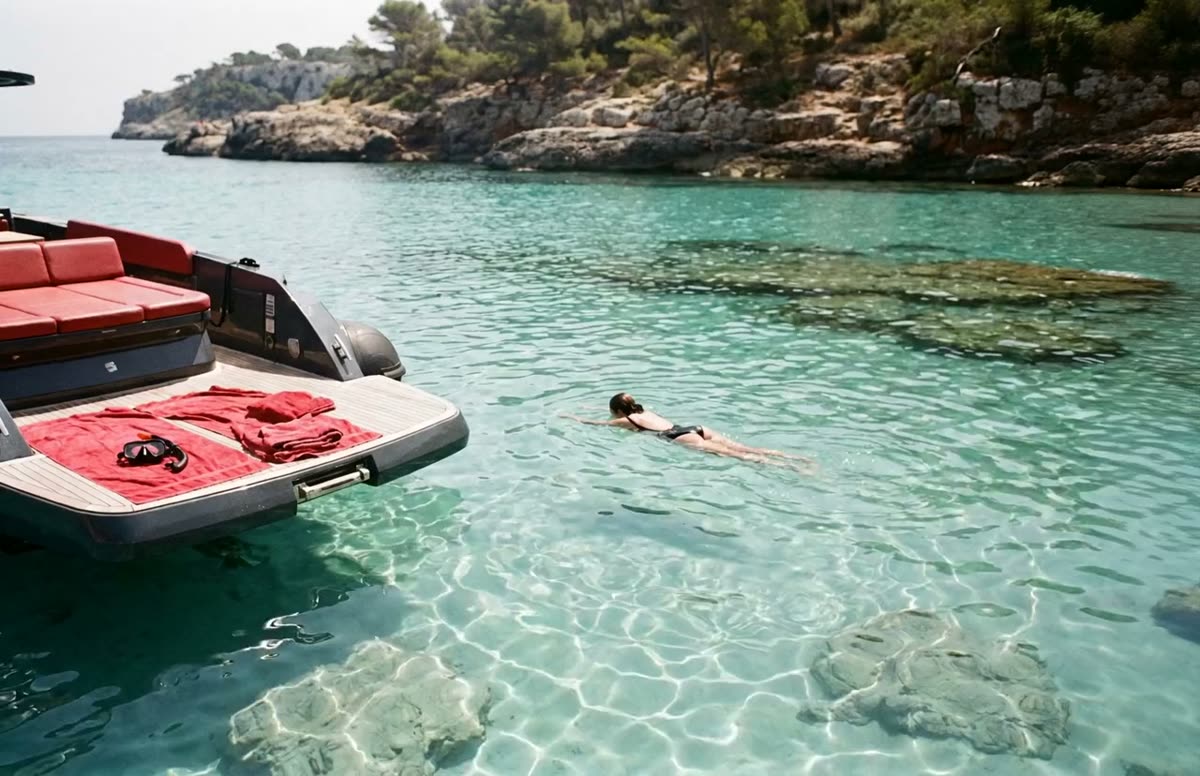 Guests swimming from the bathing platform in a clear cove.